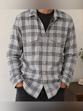 Express Grey & Black Plaid Flannel Shirt